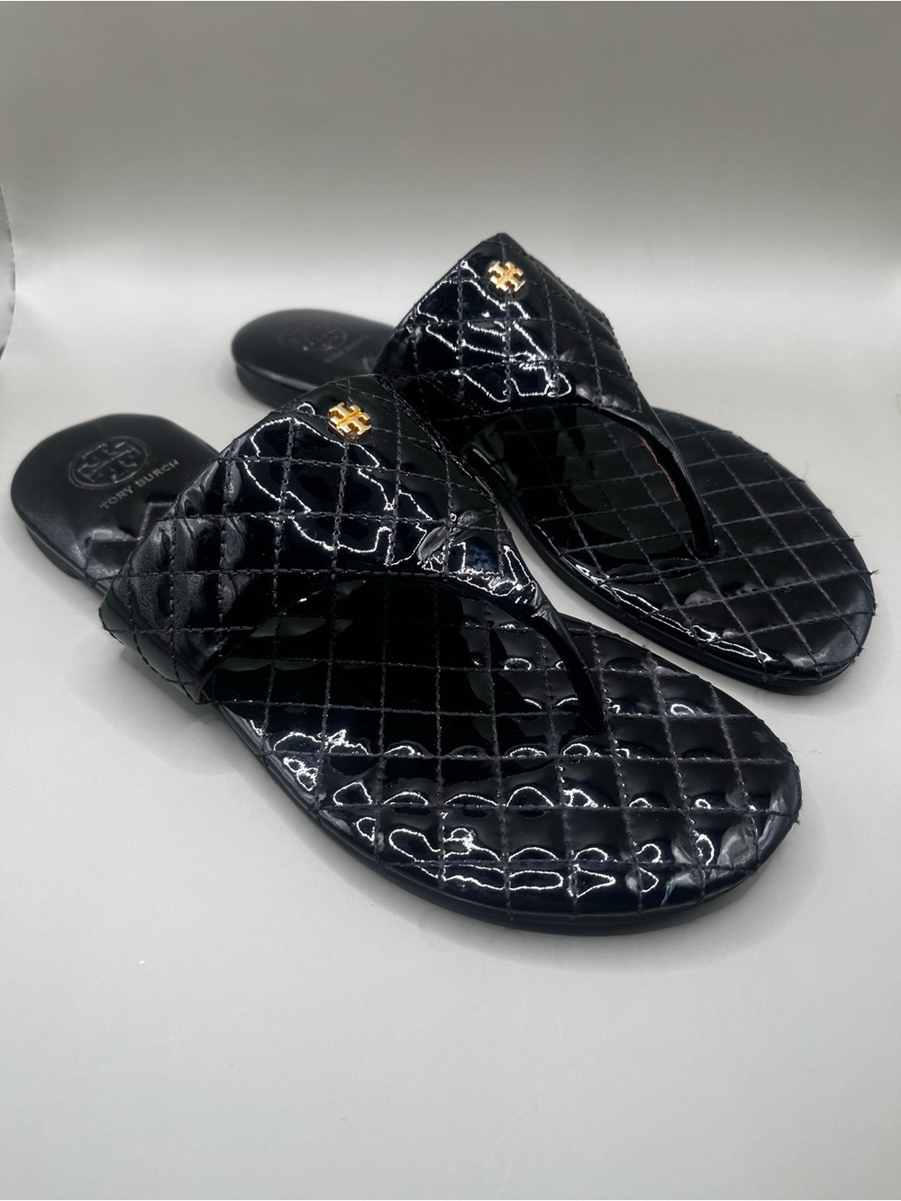 Tory Burch Black Quilted Patent Thong Sandals with Gold Logo
